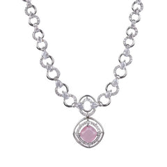Women's Brass Silver Plated Necklace set (Pink)