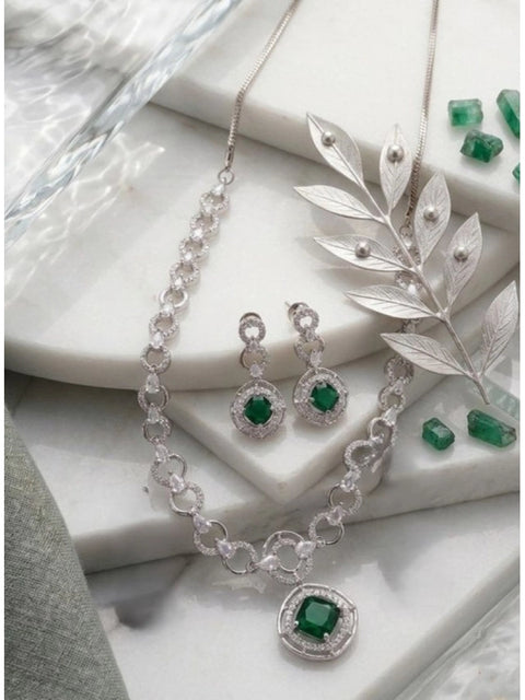 Women's Brass Silver Plated Necklace set (Green)