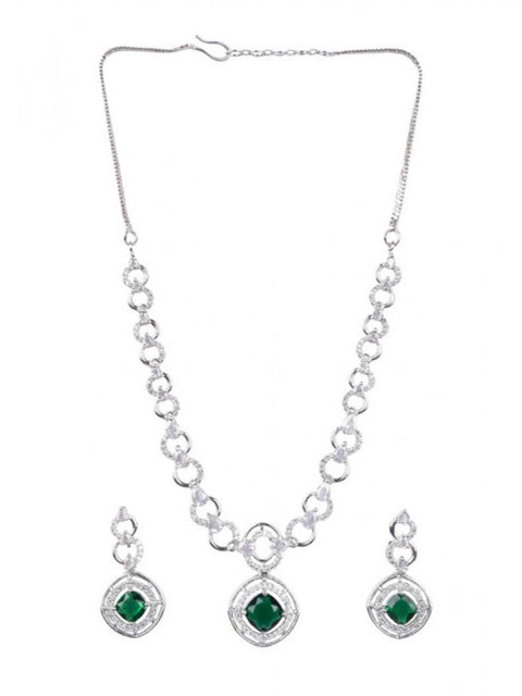Women's Brass Silver Plated Necklace set (Green)