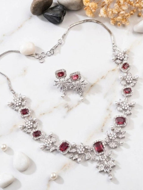 Women's Brass Silver Plated Necklace set (Red)