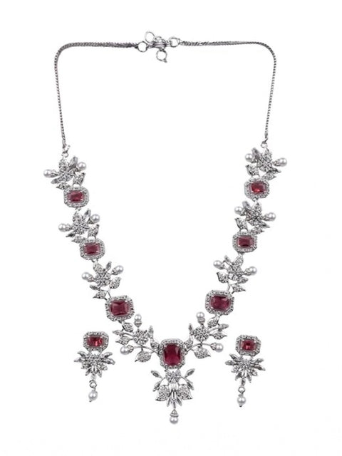 Women's Brass Silver Plated Necklace set (Red)