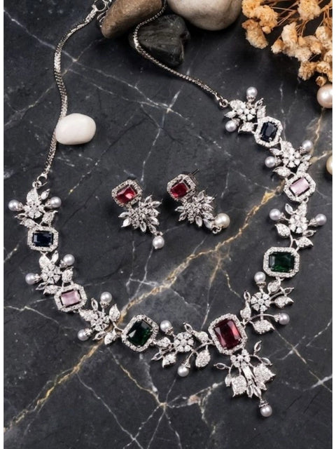 Women's Brass Silver Plated Necklace set (Multicolor)