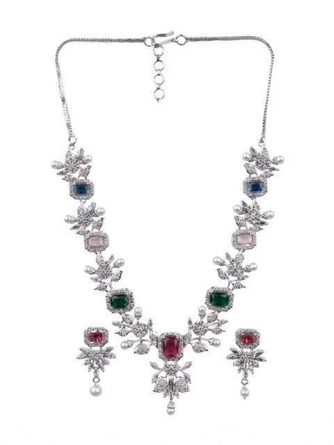 Women's Brass Silver Plated Necklace set (Multicolor)