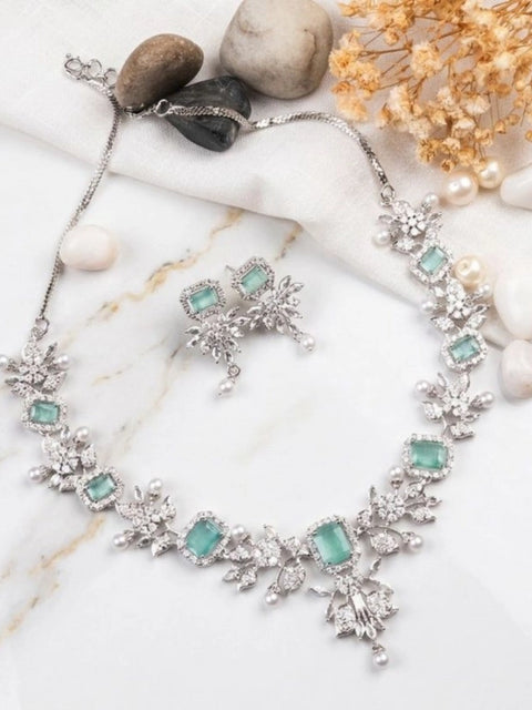 Women's Brass Silver Plated Necklace set (Turquoise)