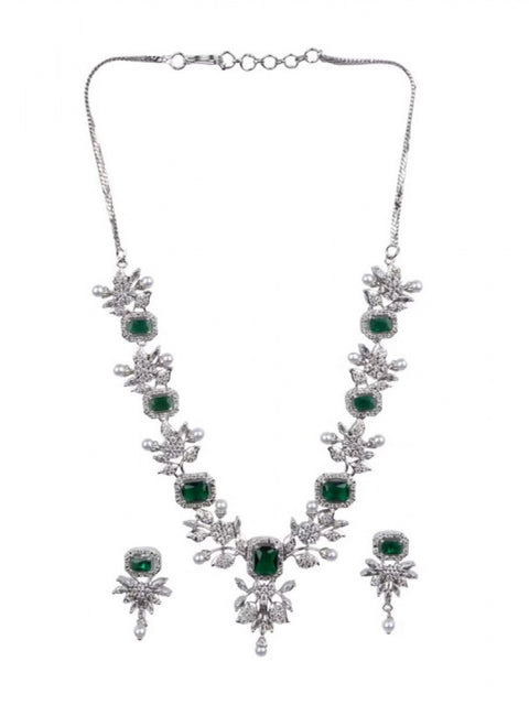 Women's Brass Silver Plated Necklace set (Green)