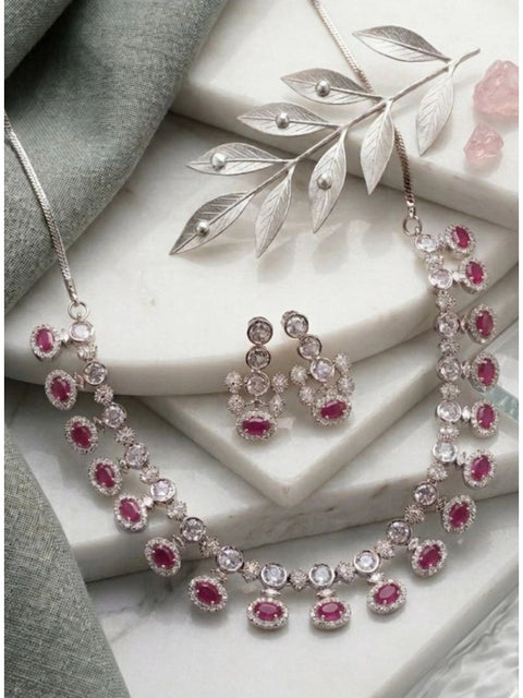 Women's Brass Silver Plated Necklace set (Pink)