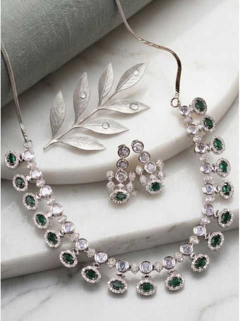 Women's Brass Silver Plated Necklace set (Green)