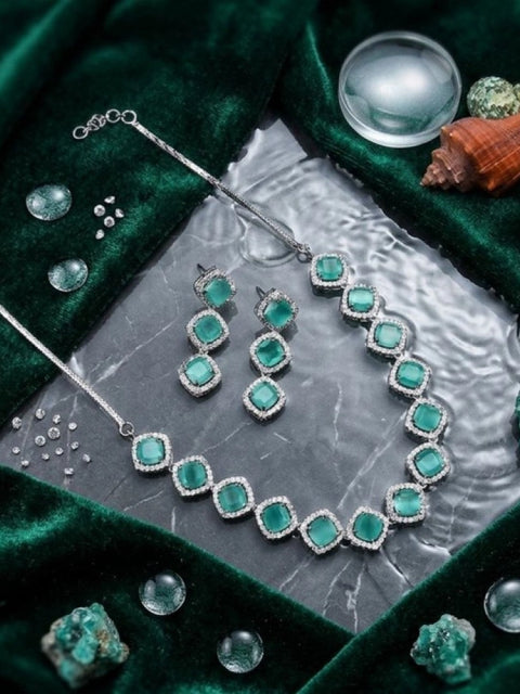 Women's Brass Silver Plated Necklace set (Turquoise)