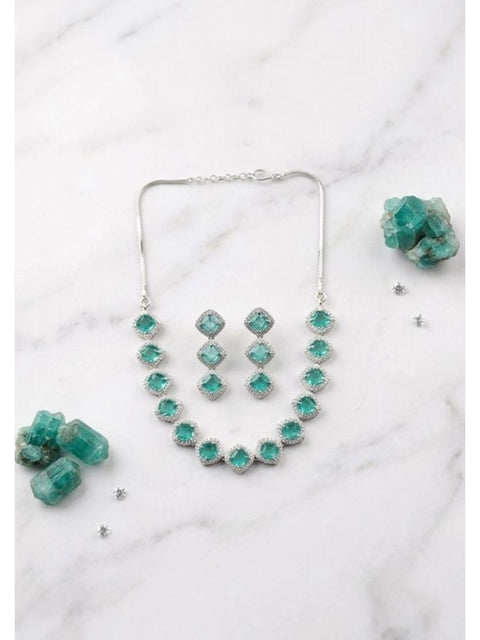 Women's Brass Silver Plated Necklace set (Green)