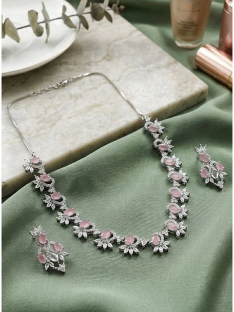 Women's Brass Silver Plated Necklace set (Pink)