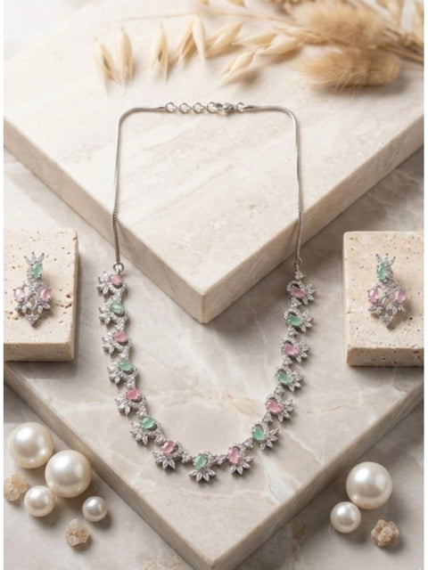 Women's Brass Silver Plated Necklace set (Multicolor)