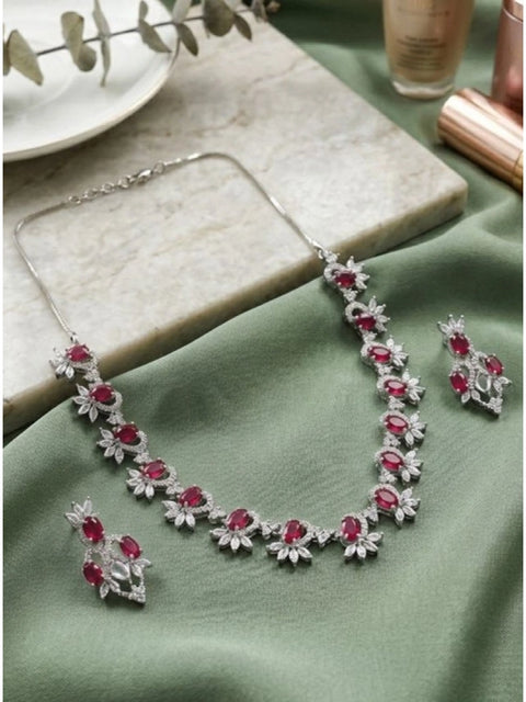 Women's Brass Silver Plated Necklace set (Red)
