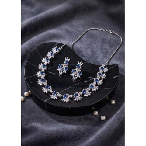 Women's Brass Silver Plated Necklace set (Blue)