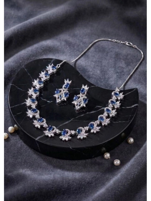 Women's Brass Silver Plated Necklace set (Blue)
