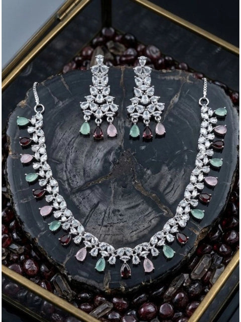 Women's Brass Silver Plated Necklace set (Multicolor)