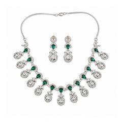 Women's Brass Silver Plated Necklace set (Green)