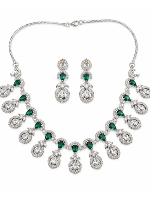 Women's Brass Silver Plated Necklace set (Green)