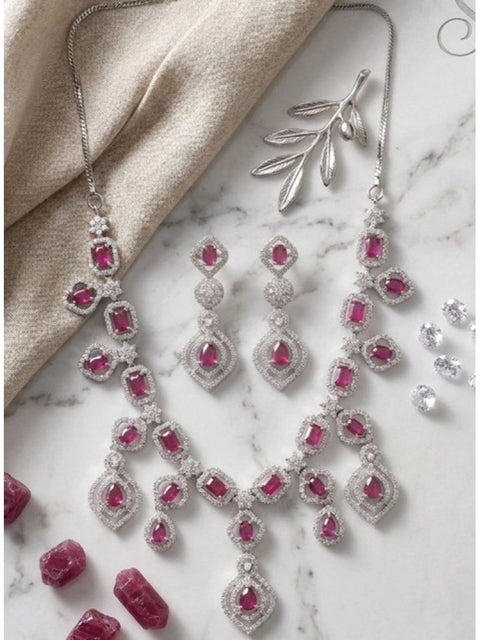 Women's Brass Silver Plated Necklace set (Red)