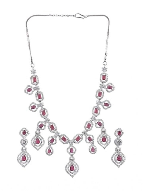 Women's Brass Silver Plated Necklace set (Red)