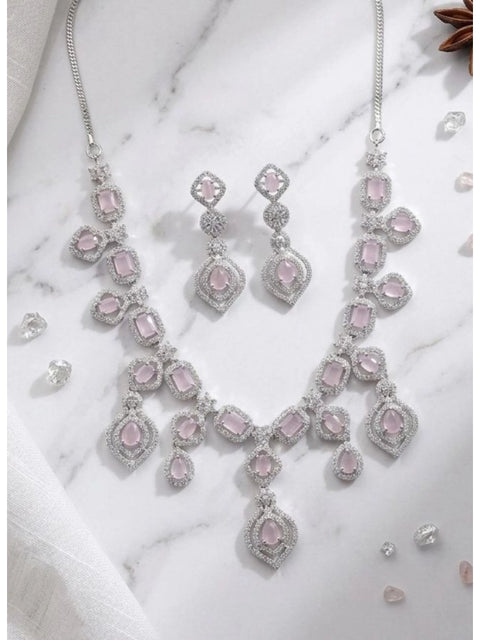 Women's Brass Silver Plated Necklace set (Pink)