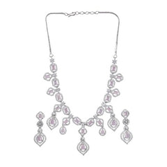 Women's Brass Silver Plated Necklace set (Pink)
