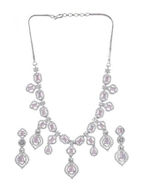 Women's Brass Silver Plated Necklace set (Pink)