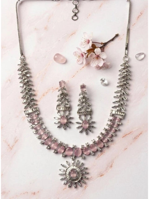 Women's Brass Silver Plated Necklace set (Pink)