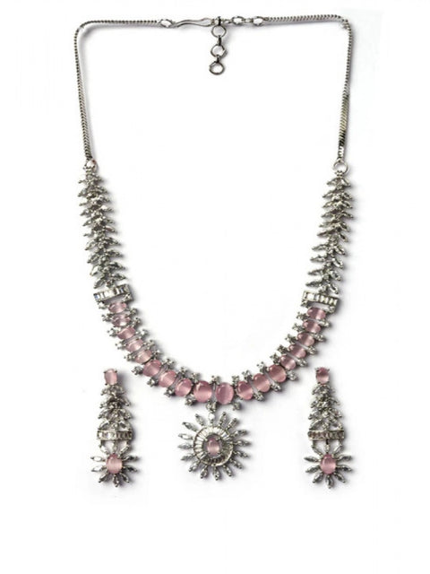 Women's Brass Silver Plated Necklace set (Pink)