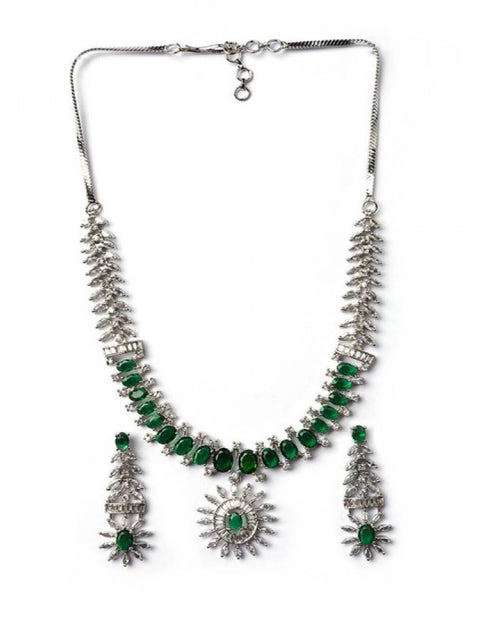 Women's Brass Silver Plated Necklace set (Green)