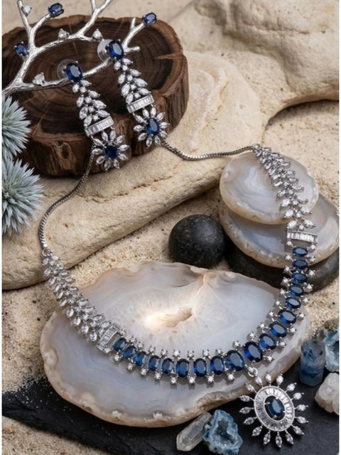 Women's Brass Silver Plated Necklace set (Blue)