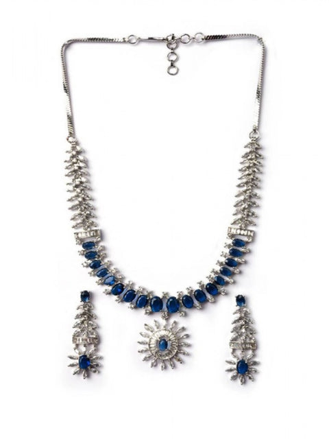 Women's Brass Silver Plated Necklace set (Blue)