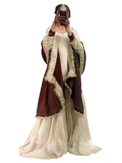 Generic Women's Silk Embroidered 3/4th Sleeve V-Neck Kurti With Sharara Pant and Dupatta Set (Cream & Brown)