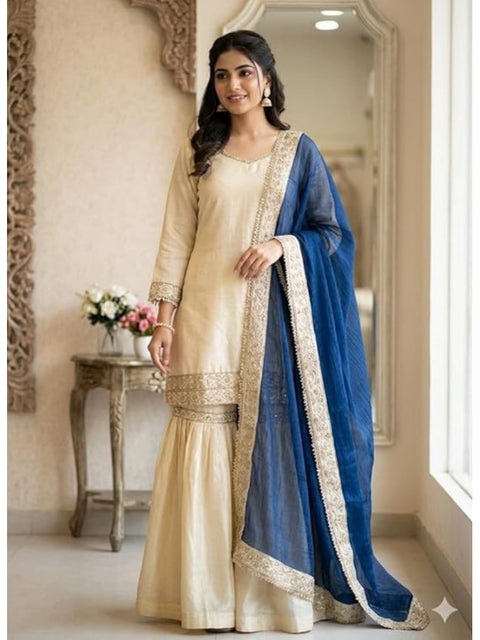 Generic Women's Silk Embroidered 3/4th Sleeve V-Neck Kurti With Sharara Pant and Dupatta Set (Cream & Blue)