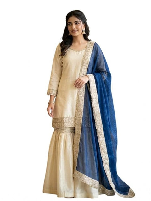 Generic Women's Silk Embroidered 3/4th Sleeve V-Neck Kurti With Sharara Pant and Dupatta Set (Cream & Blue)