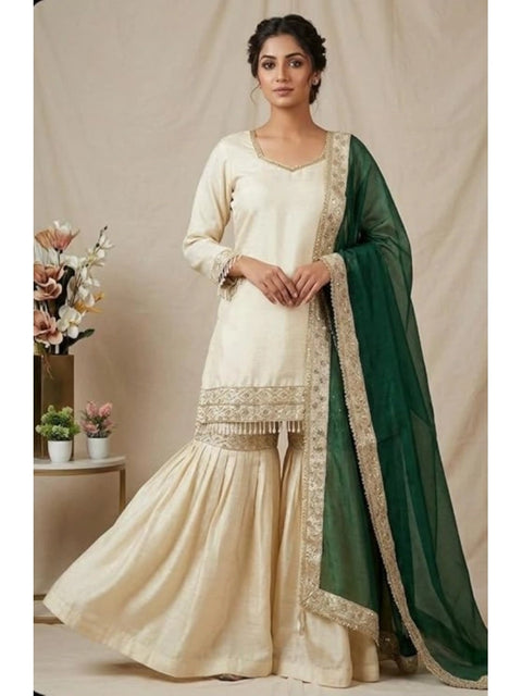 Generic Women's Silk Embroidered 3/4th Sleeve V-Neck Kurti With Sharara Pant and Dupatta Set (Cream & Bottle Green)