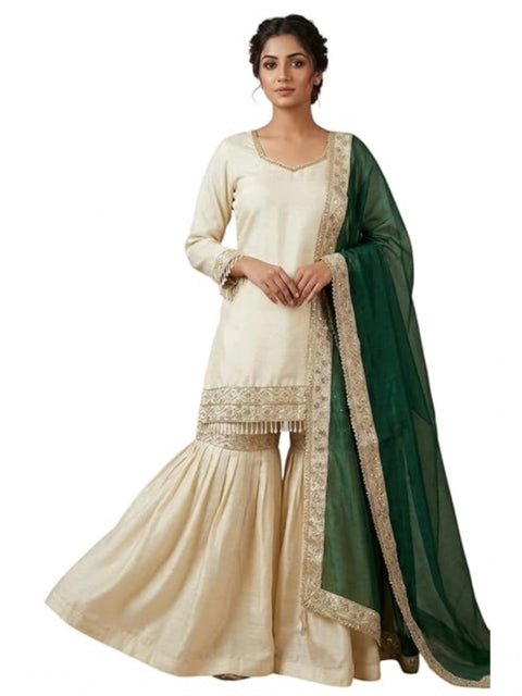 Generic Women's Silk Embroidered 3/4th Sleeve V-Neck Kurti With Sharara Pant and Dupatta Set (Cream & Bottle Green)