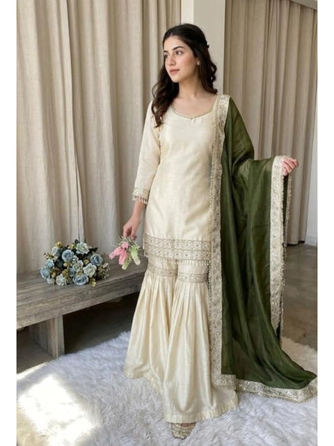 Generic Women's Silk Embroidered 3/4th Sleeve V-Neck Kurti With Sharara Pant and Dupatta Set (Cream & Green)