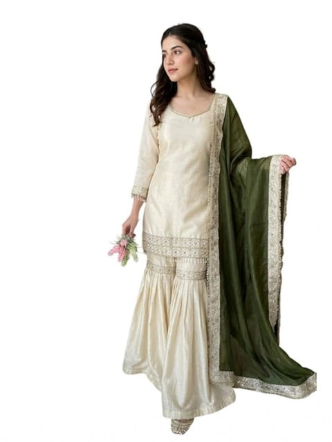 Generic Women's Silk Embroidered 3/4th Sleeve V-Neck Kurti With Sharara Pant and Dupatta Set (Cream & Green)