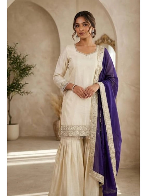 Generic Women's Silk Embroidered 3/4th Sleeve V-Neck Kurti With Sharara Pant and Dupatta Set (Cream & Purple)