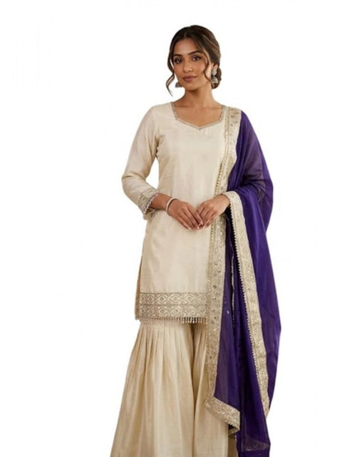 Generic Women's Silk Embroidered 3/4th Sleeve V-Neck Kurti With Sharara Pant and Dupatta Set (Cream & Purple)