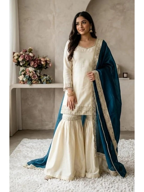 Generic Women's Silk Embroidered 3/4th Sleeve V-Neck Kurti With Sharara Pant and Dupatta Set (Cream & Teal)