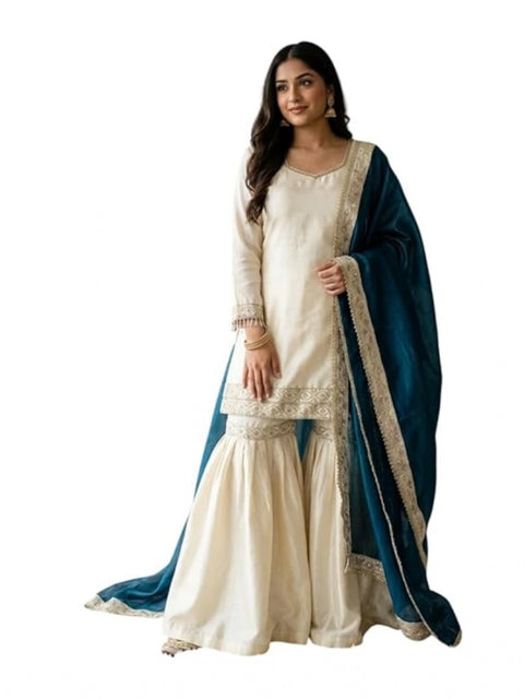 Generic Women's Silk Embroidered 3/4th Sleeve V-Neck Kurti With Sharara Pant and Dupatta Set (Cream & Teal)