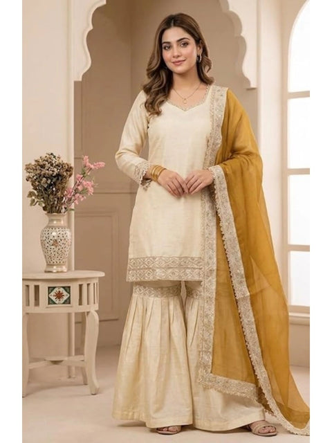 Generic Women's Silk Embroidered 3/4th Sleeve V-Neck Kurti With Sharara Pant and Dupatta Set (Cream & Yellow)