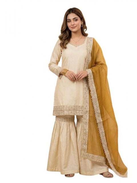 Generic Women's Silk Embroidered 3/4th Sleeve V-Neck Kurti With Sharara Pant and Dupatta Set (Cream & Yellow)