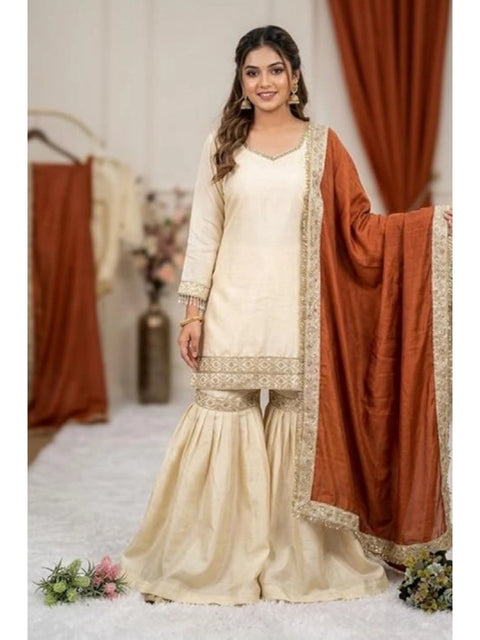Generic Women's Silk Embroidered 3/4th Sleeve V-Neck Kurti With Sharara Pant and Dupatta Set (Cream & Orange)