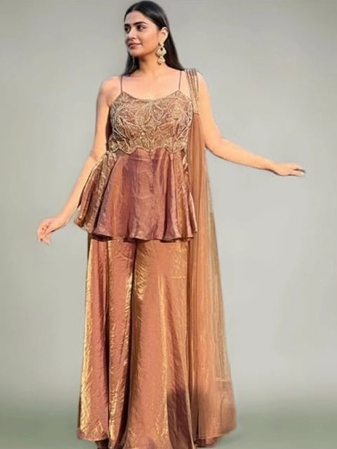 Generic Women's Silk Embroidered Sleeveless Round Kurti With Palazzo Pant and Dupatta Set (Brown)