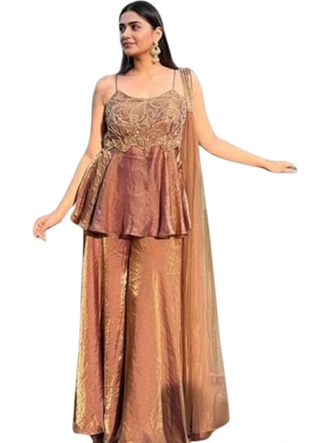 Generic Women's Silk Embroidered Sleeveless Round Kurti With Palazzo Pant and Dupatta Set (Brown)
