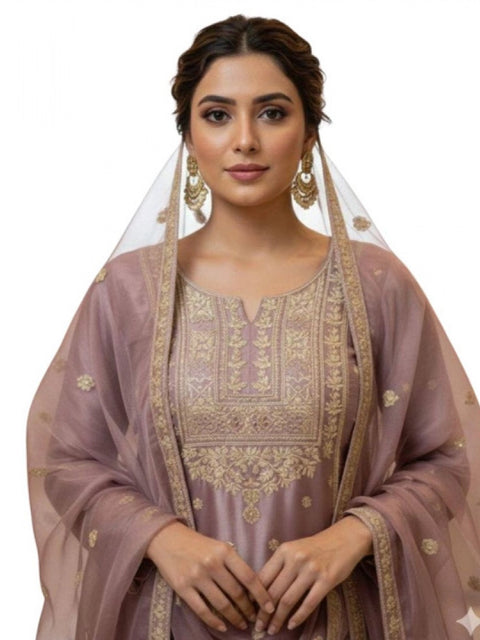Generic Women's Silk Embroidered 3/4th Sleeve Round Kurti With Sharara Pant and Dupatta Set (Purple)