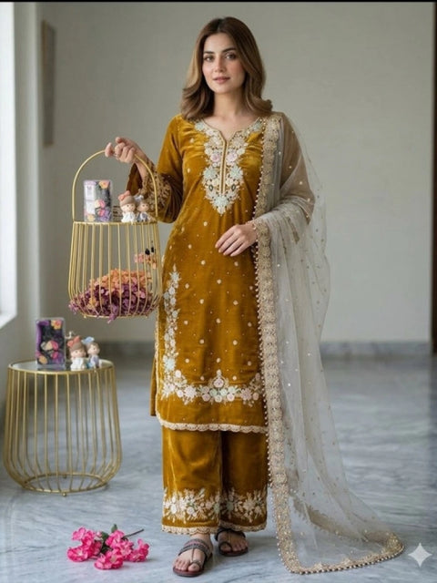 Generic Women's Silk Embroidered 3/4th Sleeve Round Kurti With Palazzo Pant and Dupatta Set (Gold)
