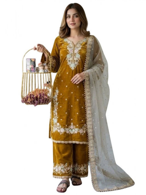 Generic Women's Silk Embroidered 3/4th Sleeve Round Kurti With Palazzo Pant and Dupatta Set (Gold)